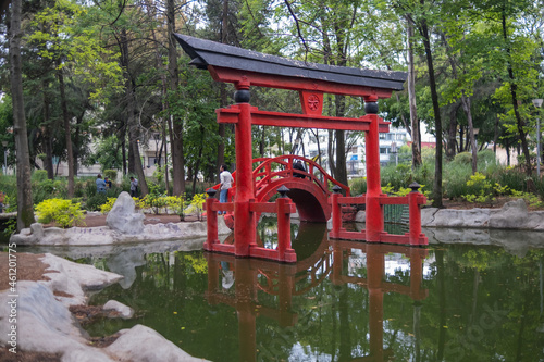 Traditional Japanese gate and pond in Masayoshi Ohira Park
