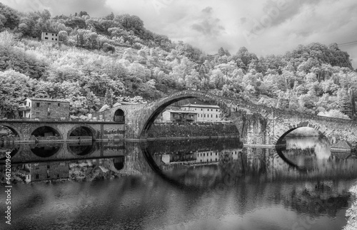 Lucca, Devils Bridge. Black and white architecture and vegetation photo