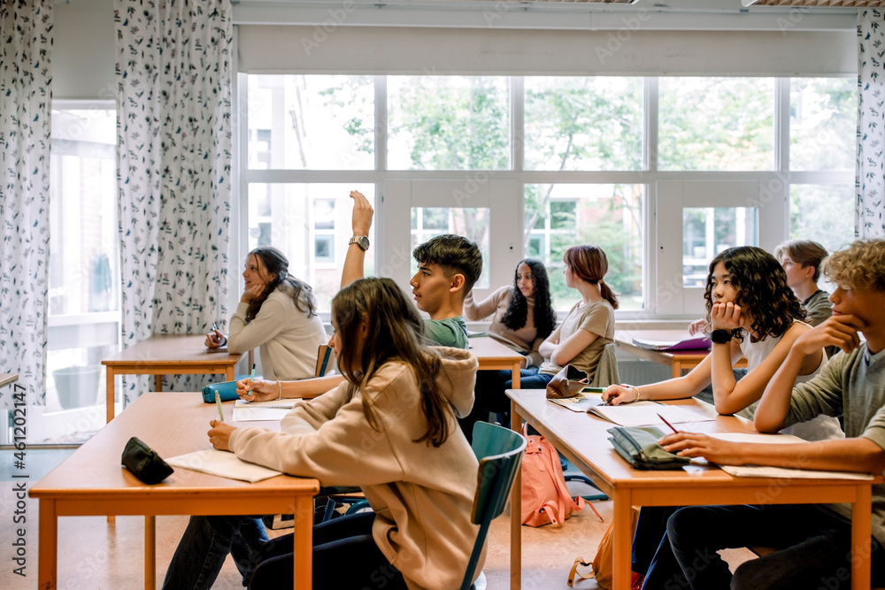 Boy raising hand while sitting with other students in classroom Boy raising hand while sitting with other students in classroom