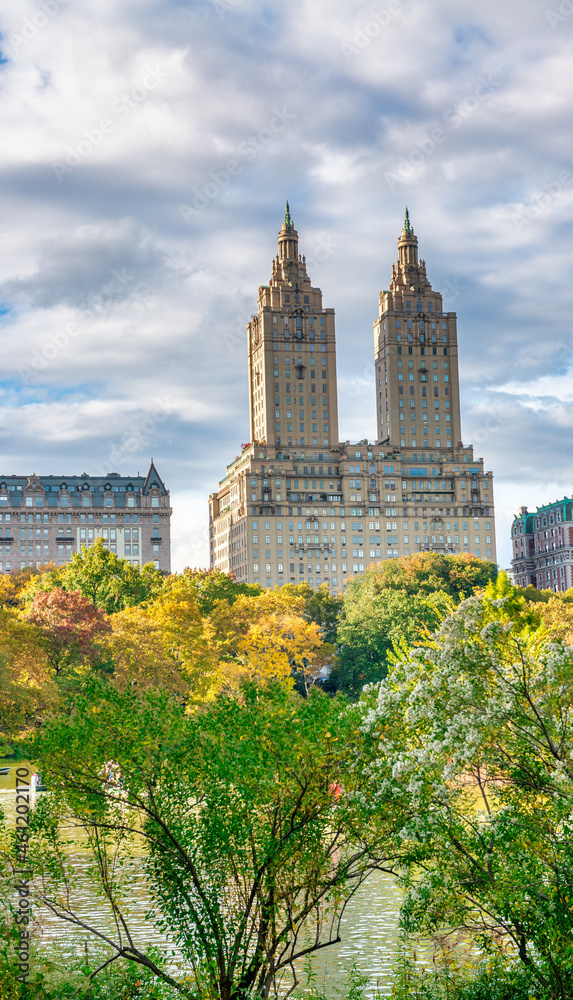 Trees and buildings from Central Park in foliage season, New York City.