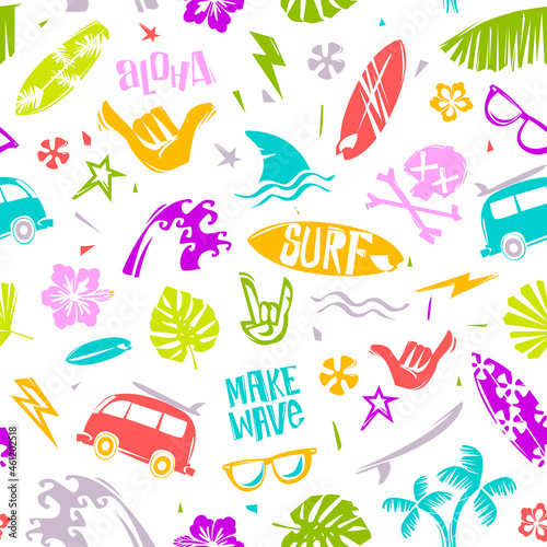 Cartoon Surfing tropical colorful seamless pattern. Vintage surfing pattern with summer elements for print fabric design. Surf doodle design elements for print fabric, t-shirt, summer poster
