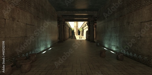 Dark tunnel with lighting in an ancient Egyptian temple. Photorealistic 3D illustration. Mystic ancient landscape.