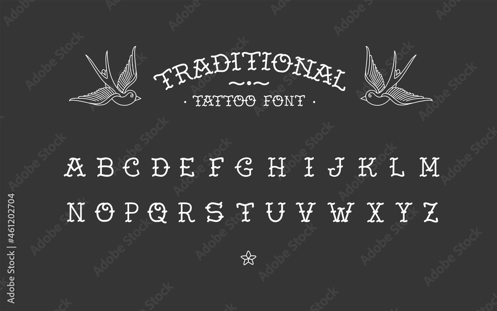 Old School tattoo vintage doodle type font vector template. Traditional retro and rock style font. Tattoo Alphabet