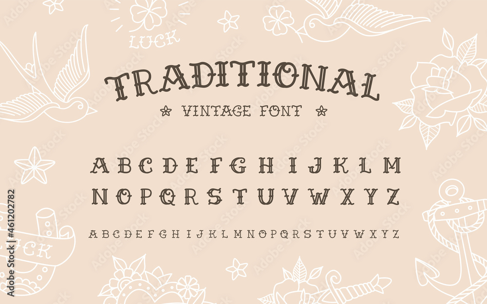 Traditional tattoo vintage doodle type font vector template Old School  Tattoo and Rock style font Tattoo Alphabet Stock Vector  Adobe Stock
