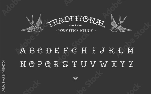 Old School tattoo vintage doodle type font vector template. Traditional retro and rock style font. Tattoo Alphabet photo