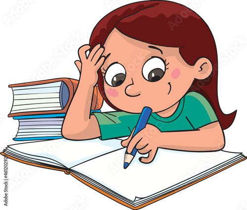 girl is sitting next to the books and writing in a notebook with a pencil