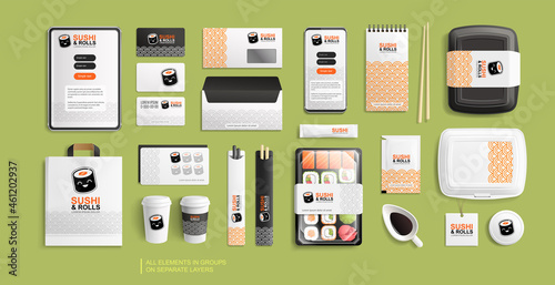 Sushi and Rolls food package design with branding identity. Fast food packaging. Sushi package mockup set of lunch box, rolls, chopsticks paper bag, menu