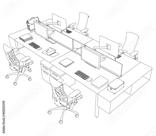 Contour of workplaces with computers and armchairs from black lines isolated on white background. Isometric view. Vector illustration