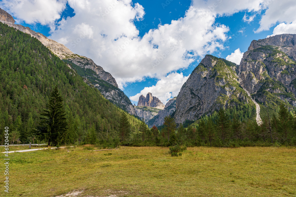 Three peaks of Lavaredo (Drei Zinnen or Tre Cime di Lavaredo), north face, seen from the Landro Valley (Val di Landro). Dolomites, UNESCO world heritage site, Trentino-Alto Adige, Italy, Europe.