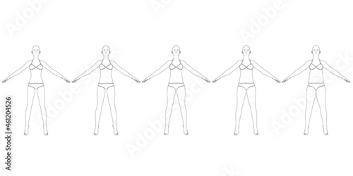 Set with the contours of a girl in underwear gradually gaining weight from black lines, isolated on a white background. From slim to fat girl. Vector illustration