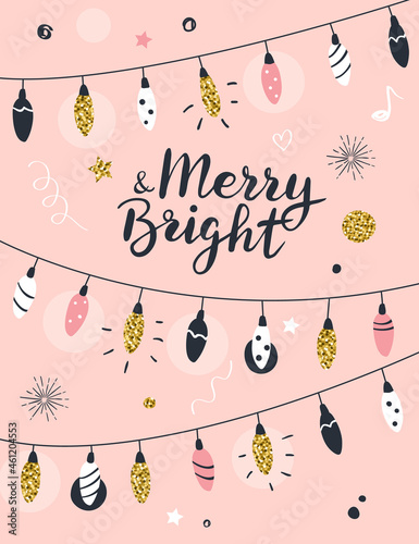 Merry and Bright, Christmas greeting card, hand drawn vector template.