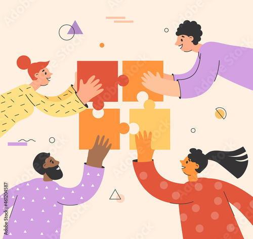 Teamwork concept, team building metaphor. People connecting puzzle elements. Business cooperation and partnership. Flat vector illustration concept, team building metaphor. People connecting puzzle el