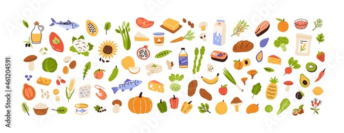 Healthy food set. Vegetables, fruits, milk, mushrooms and fish collection. Natural organic nutrition. Fresh vitamin grocery products. Colored flat vector illustration isolated on white background