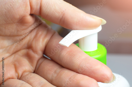 Hand soap close up. Cleaning and Disinfecting hands gel. Prevention flu and virus disease.