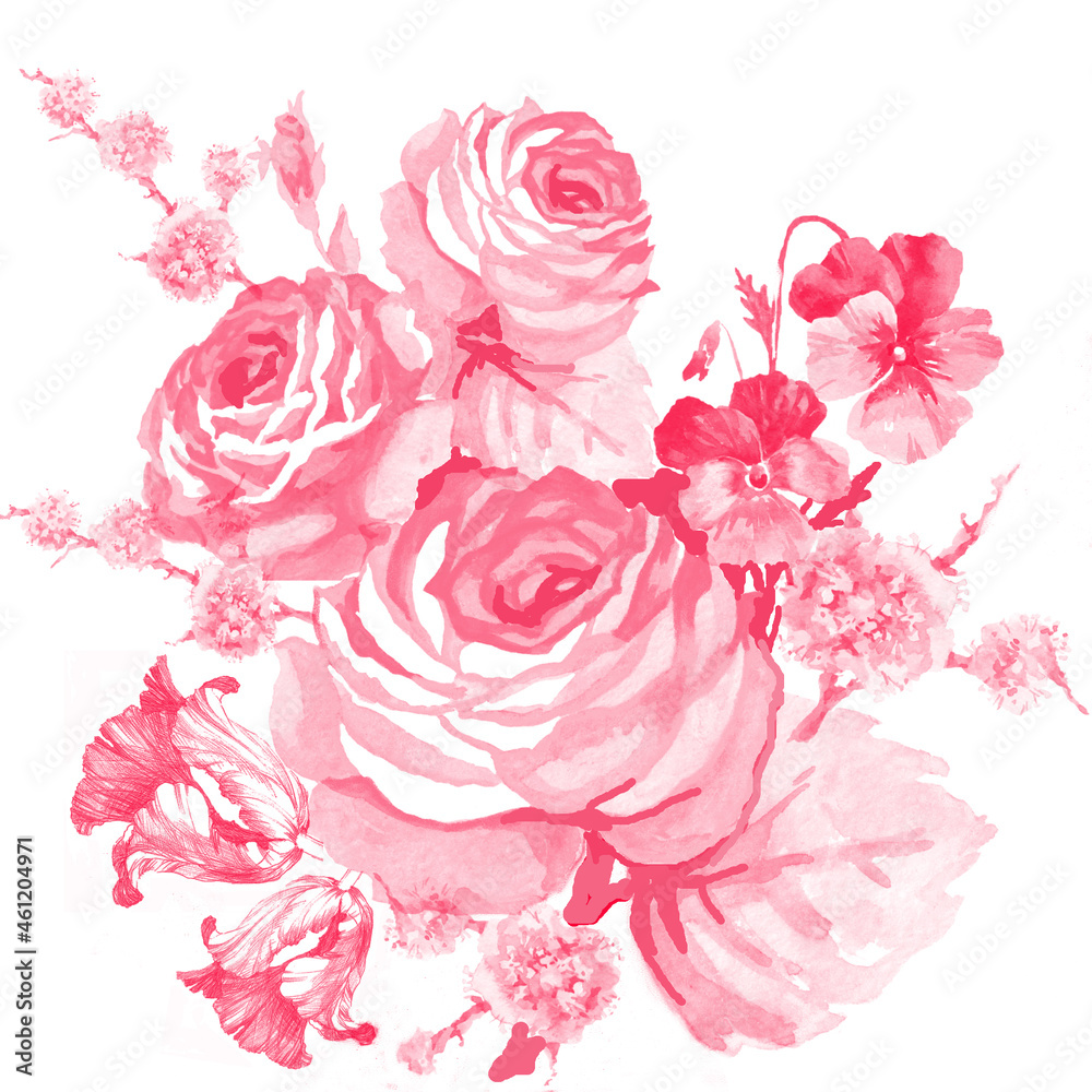 Pink flowers bouquet watercolor isolated on white background illustration for all prints.