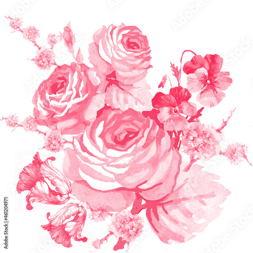 Pink flowers bouquet watercolor isolated on white background illustration for all prints.