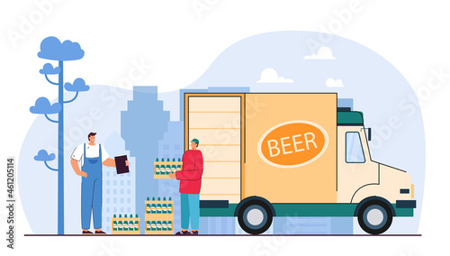 Smiling courier man holding wooden crate of beer and kegs. Branded delivery truck with advertising design. Brewery company delivering beer. Flat vector illustration isolated on white background.