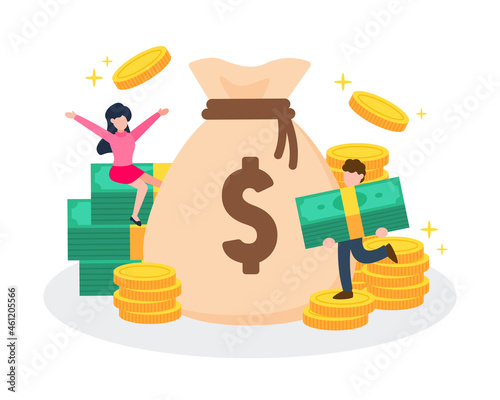 Man and woman with pile or stack of golden coins, banknotes, and a money bag. Creative financial concept of rich or wealth. Trendy cute cartoon vector illustration. Flat style graphic design element.