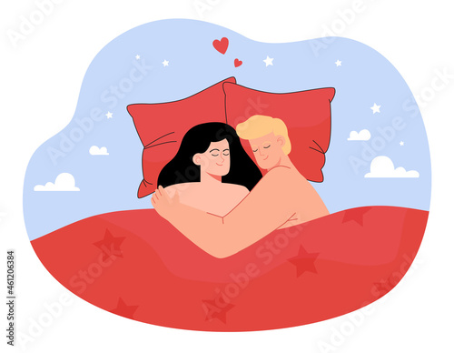 Intimate couple lying in bed together after sexual activity. Cartoon man hugging woman after sex flat vector illustration. Intimacy, relationship, love, romance concept for banner or website design