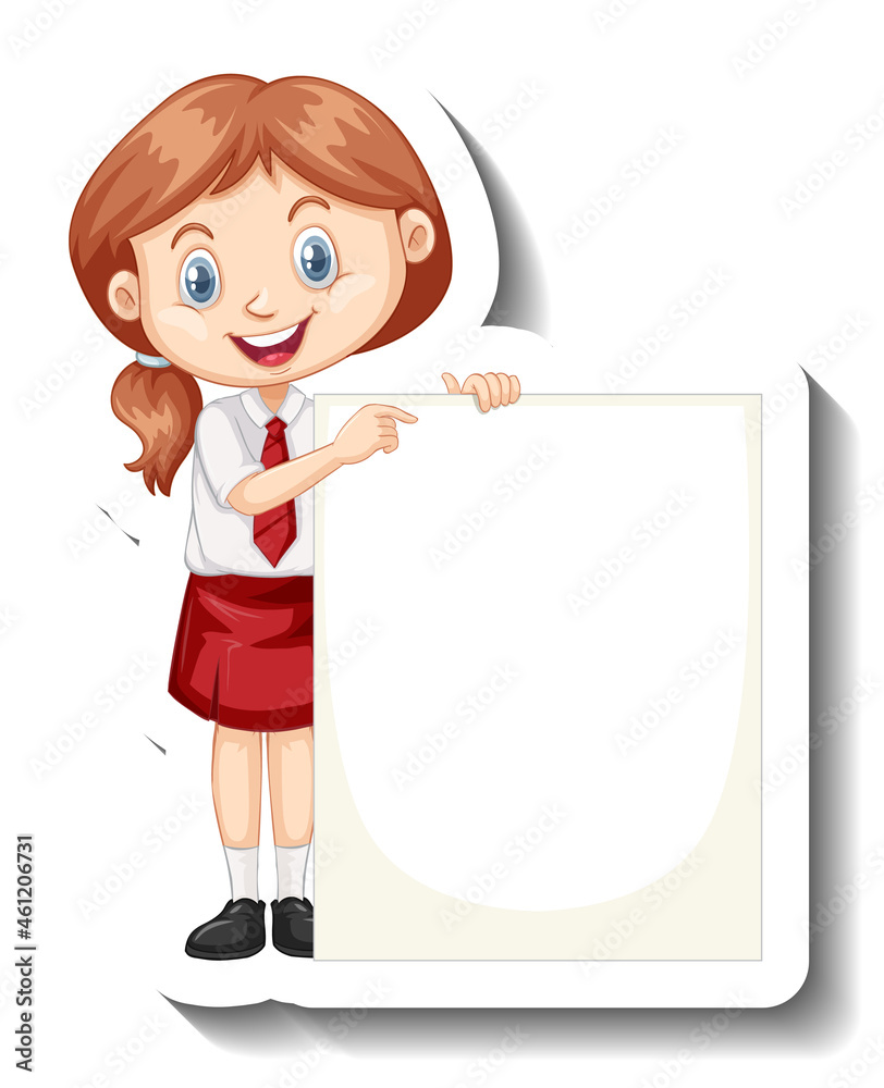 A sticker template with a student girl holding empty board A sticker template with a student girl holding empty board