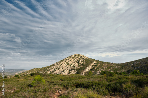 Rocky mountain Natural Park of Castelldefels with sky covered with clouds. Shot in natural morning light.