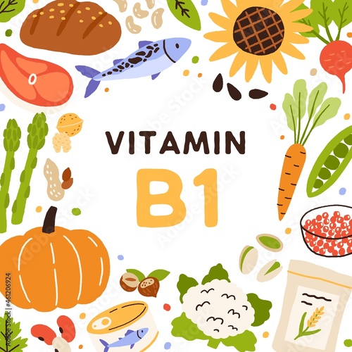 Vitamin B1, frame with vitamine food. Circle of healthy organic vegetables, fruits, fish, nuts and caviar enriched with B 1, thiamine. Square card with nutrients. Colorful flat vector illustration