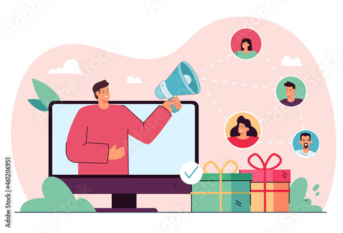 Business person using social media referral strategy online. Getting new product consumers through internet, customer review or interaction management flat vector illustration. Web marketing concept