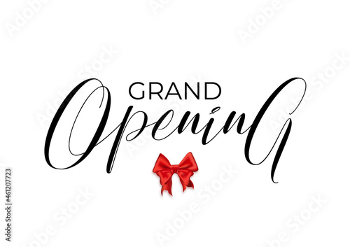 Grand Open banner isolated on white background, creative vector illustration. Calligraphy script letters, red silk bow, minimalist simple design for flyers, invitations. Grand opening handwritten word