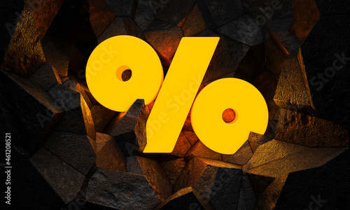 3D illustration of large glowing percent sign in broken stones