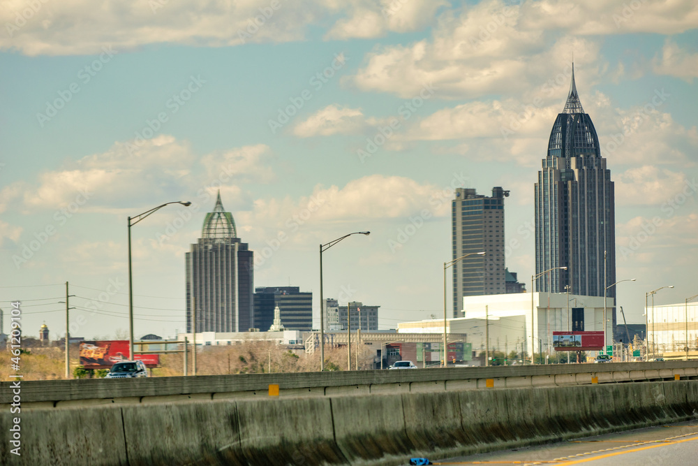 Modern skyline of Mobile, Alabama, view from the interstate.