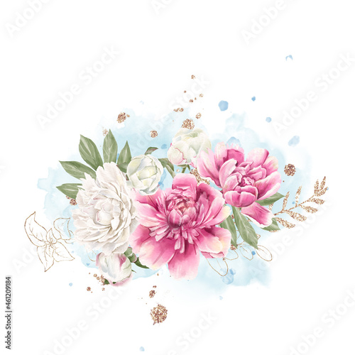 Set of delicate red and white peonies. Watercolor illustration