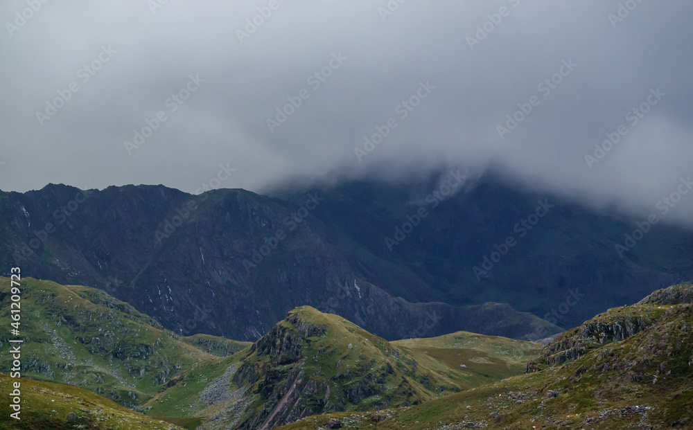 scenic view over valley looking toward mount Snowdon, in Snowdonia national park Wales