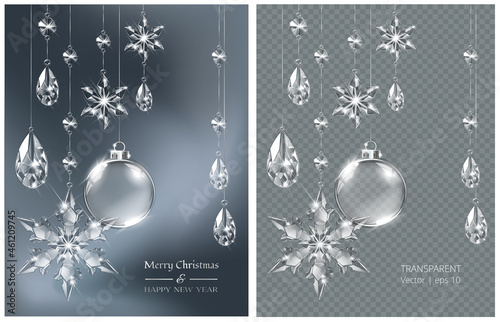 Vector Christmas background with realistic transparent glass balls, snowflakes and decoration. Glass sphere and sparkling translucent crystals