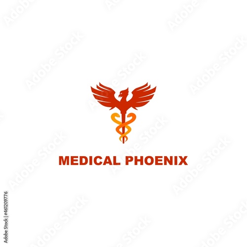 Medical red phoenix shape, apothecary logo with caduceus shape illustration.