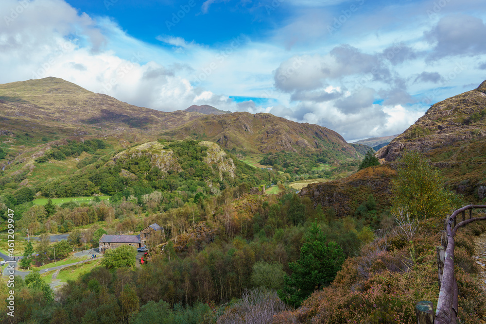 Mouutain and valley scene from outside of a Sygun Copper Mine, a restored Victorian copper mine in Snowdonia National Park, Wales UK Mouutain and valley scene from outside of a Sygun Copper Mine, a restored Victorian copper mine in Snowdonia National Park, Wales UK