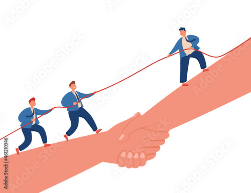 Team of business people pulling rope. Tiny characters competing, standing on hands shaking each other flat vector illustration. Tug of war, confrontation in business partnership, cooperation concept