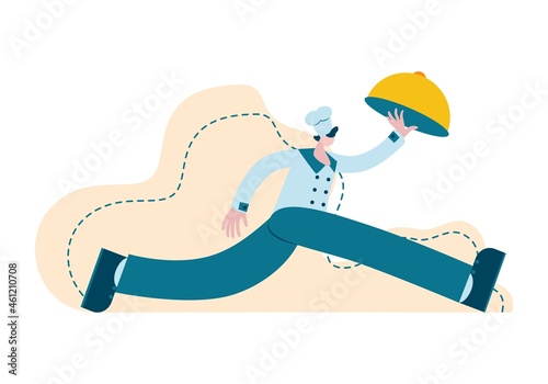 A professional chef rushes to offer the customer a basic menu. Comic illustration of a character running with a tray in fashionable style. Concept of catering, restaurant business. Vector.
