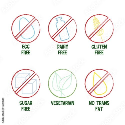 Set of vector icons of proper nutrition and diets. set of icons Egg free, Dairy free, Gluten free, sugal free, Vegetarian, No trans fat. Vegan vector illustration.