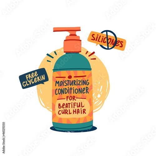 Illustration of cosmetics for curly hair. Curly girl method. Hair care bottle for kinky hair. Conditioner to moisturize hair. Doodle style. Vector
