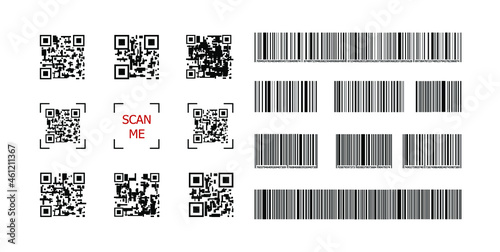 Vector Set of QR Codes, Scan Me, Bar Codes Set Generator Concept, Black Icons Isolated on White Background.