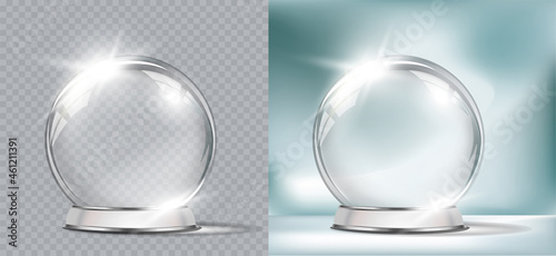 Vector realistic transparent Christmas globe on a light abstract background. Christmas decoration.  Glass sphere and sparkling translucent crystals