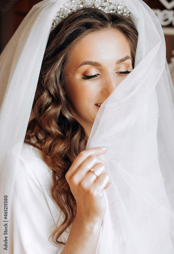 Morning of the bride. Portrait of a beautiful young woman with long hair in a veil. Morning of the bride. Portrait of a beautiful young woman with long hair in a veil.