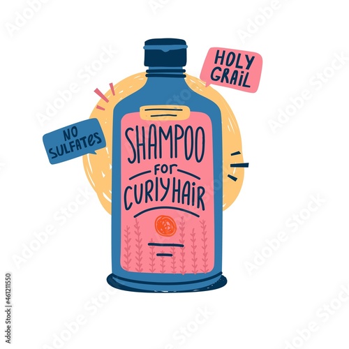 Illustration of cosmetics for curly hair. Curly girl method. Styling packaging for kinky hair. Shampoo bottle for curly hair care. Doodle style. Vector