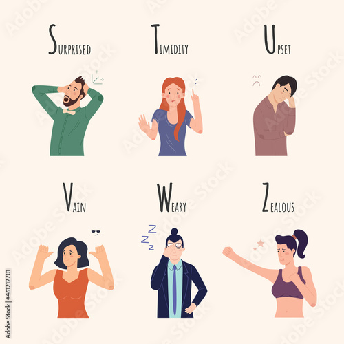 Alphabet of Emotions. Set of characters who are surprised, timidity, upset, vain, weary, Zealous. Vector collection