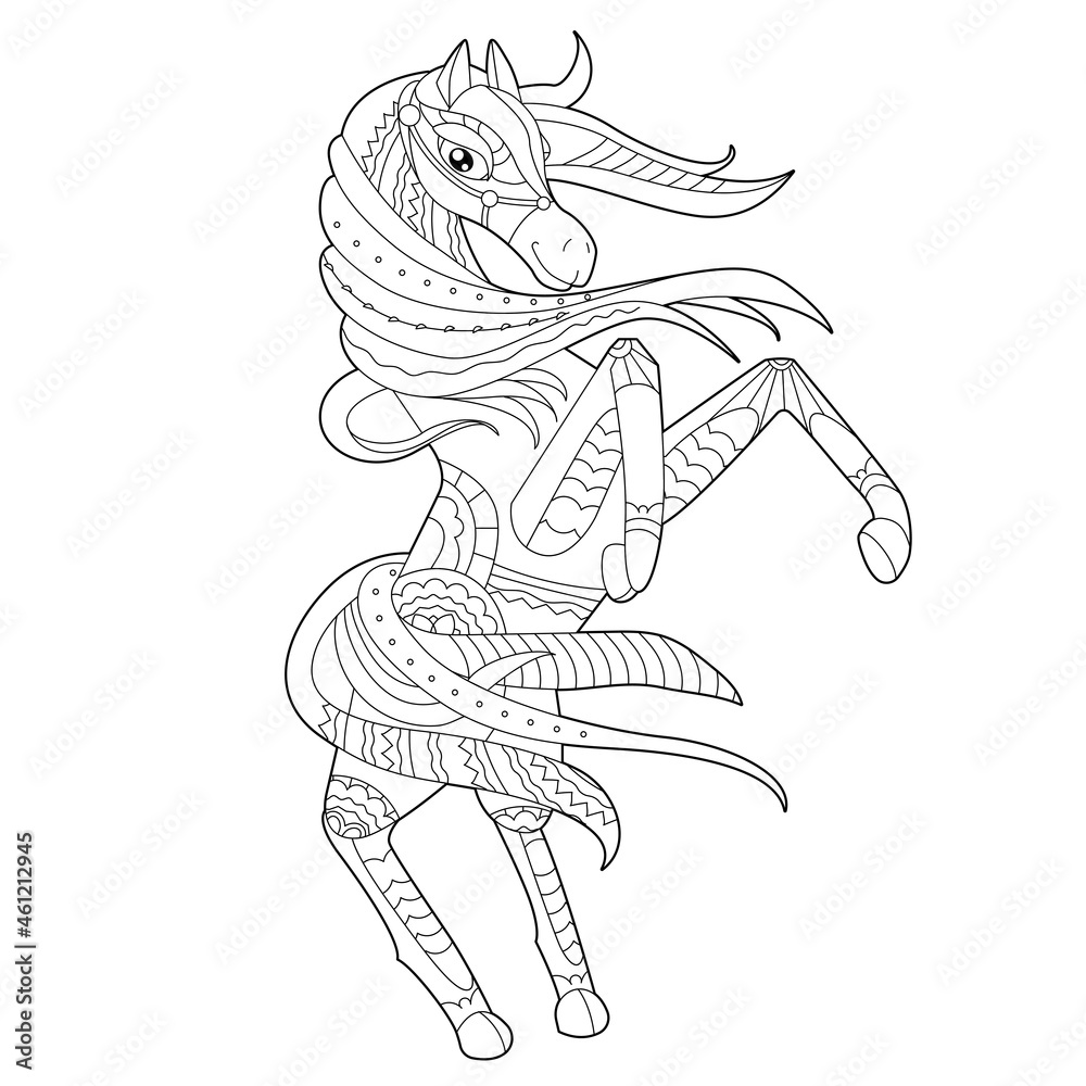 Obraz premium Cute animal horse. Doodle style, black and white background. Funny animal, coloring book pages. Hand drawn illustration in zentangle style for children and adults, tattoo.