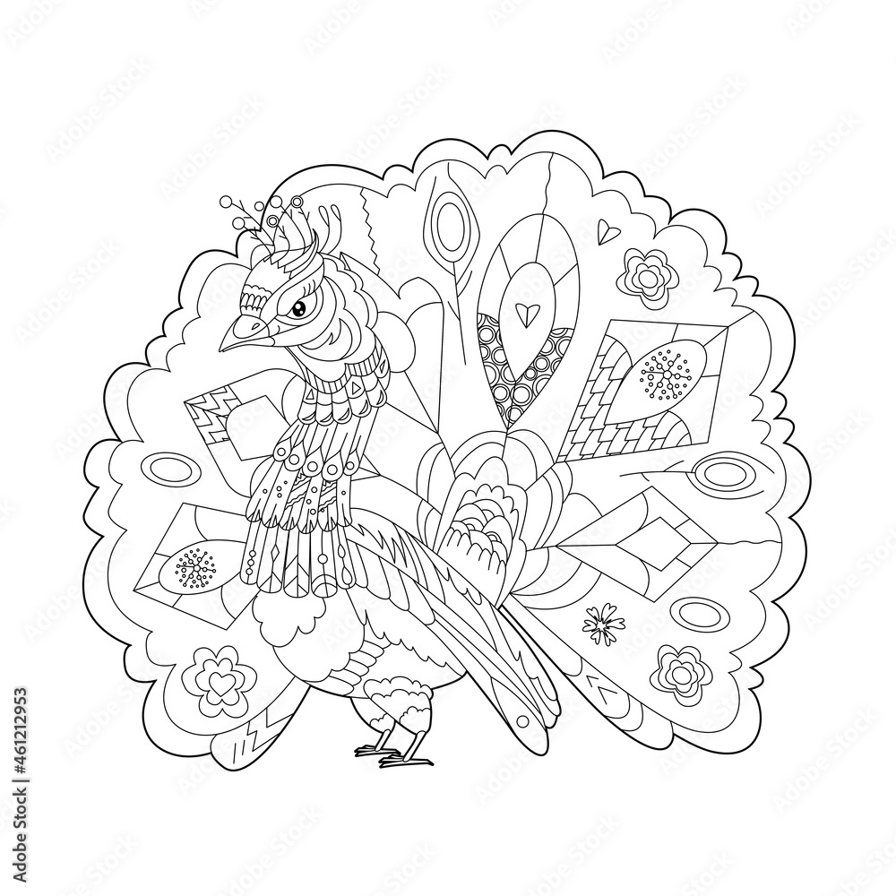 Cute bird peacock. Doodle style, black and white background. Funny animal, coloring book pages. Hand drawn illustration in zentangle style for children and adults, tattoo.