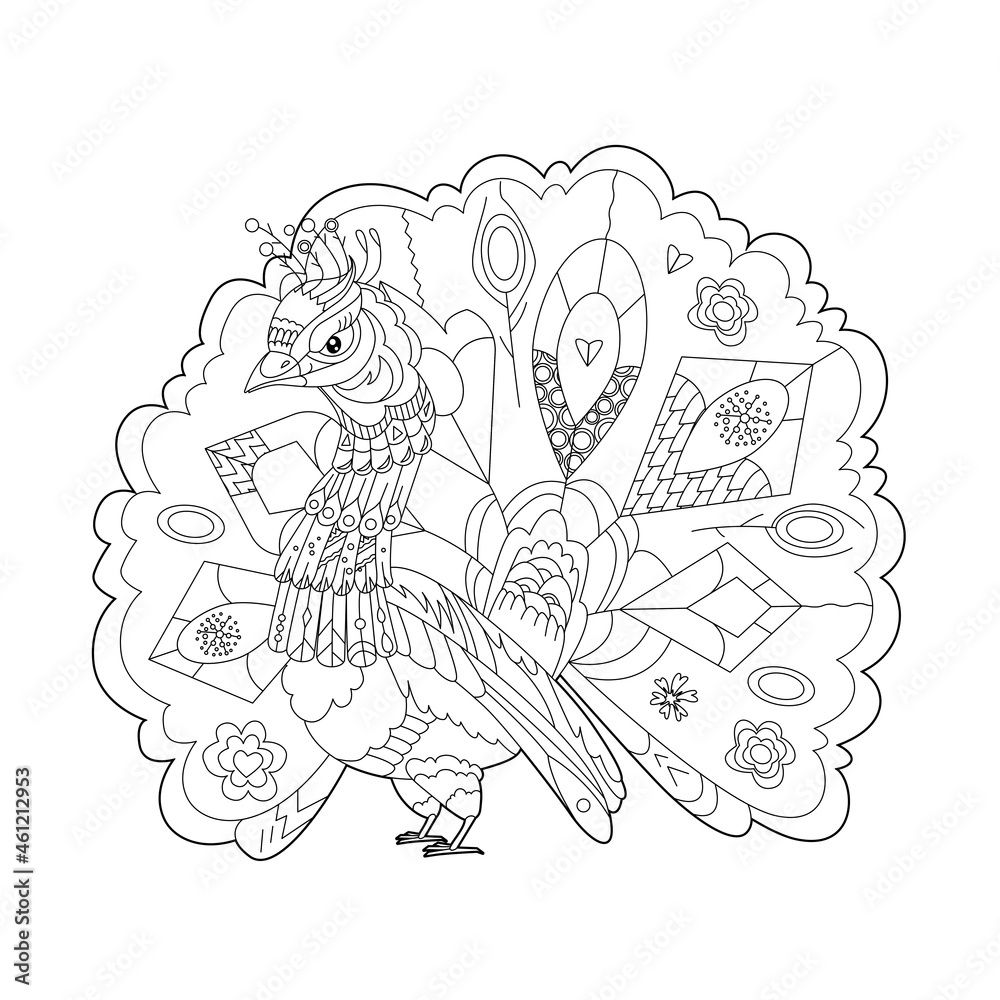 Cute bird peacock. Doodle style, black and white background. Funny animal, coloring book pages. Hand drawn illustration in zentangle style for children and adults, tattoo. Cute bird peacock. Doodle style, black and white background. Funny animal, coloring book pages. Hand drawn illustration in zentangle style for children and adults, tattoo.
