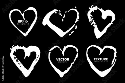 Vector Set of brush Heart Love strokes White color isolated on Black background. Hand painted grange Pluse elements. Dirty artistic design . Place for text, quote photo