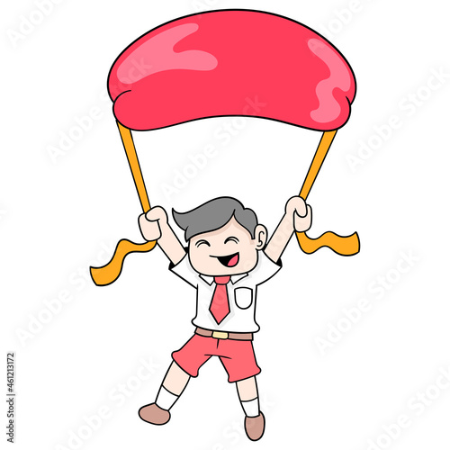 kid boy is hanging on a parachute, doodle icon image kawaii