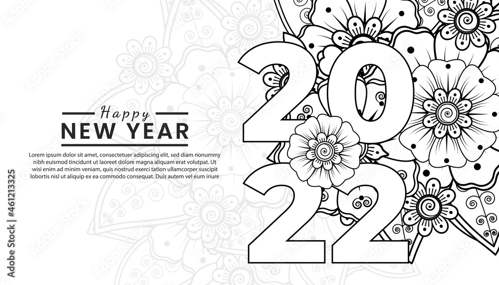 Happy new year 2022 banner or card template with mehndi flower.